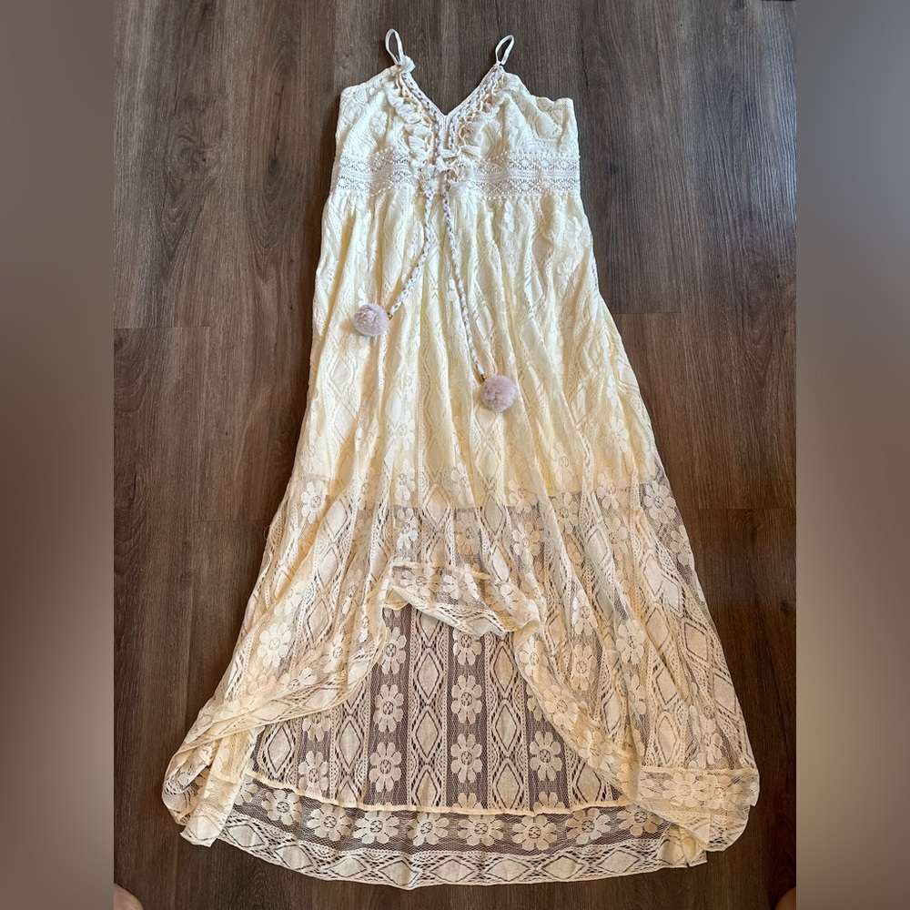 NWOT- Lace Maxi Dress with Pom Pom Details
